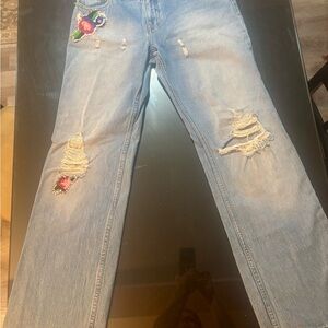 Embroidered Light Blue Distressed Jeans